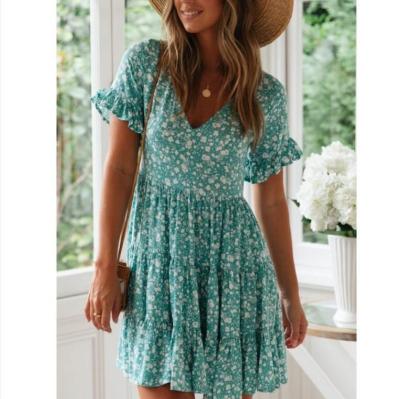 China Wholesale Fashion Women's Clothing Summer Short Sleeve Breathable V-Neck Mini Floral Casual Dresses for sale