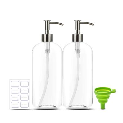 China 1000ml 32 oz Clear Plastic Boston PET Round Cosmetic Bottles With Metal Pump 2 Packs for sale