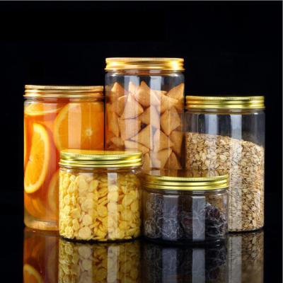 China Food Recycling Food Grade PET Canisters Empty Storage Container Maker Round Clear Plastic Jars With Aluminum Lids for sale