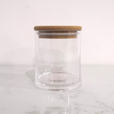 China 10 Ounce Clear Kitchen Food Storage Cookie Round Acrylic Plastic Jar With Bamboo Lid For Dry Goods for sale