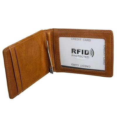 China Anti Theft Men's Genuine Leather Minimalist Slim RFID Blocking Wallet With Money Clip for sale