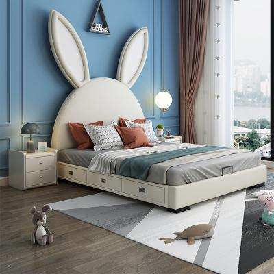 China Solid Wood Storageable Cartoon Rabbit Ears Children's Bed Luxury Leather Bedroom Girl Bed for sale