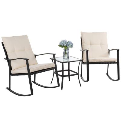 China Modern Wholesale Prices  3 Piece Outdoor Rocking Bistro Set Front Porch Rocker Chairs Conversation Set with Glass Table for sale