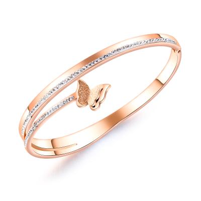 China Fashion Romantic Crystal Stone Stainless Steel Butterfly Bangle Bracelet for sale