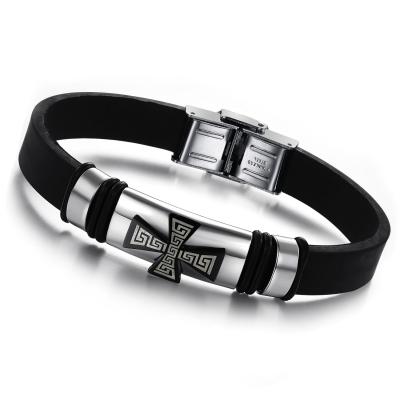 China Fashionable Wholesale Genuine Stainless Steel Cross Mens Leather Bracelet for sale