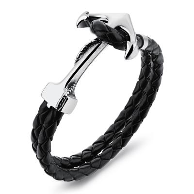 China Trendy Custom Jewelry Stainless Steel Anchor Silver Black Braided Genuine Leather Men Bracelet for sale