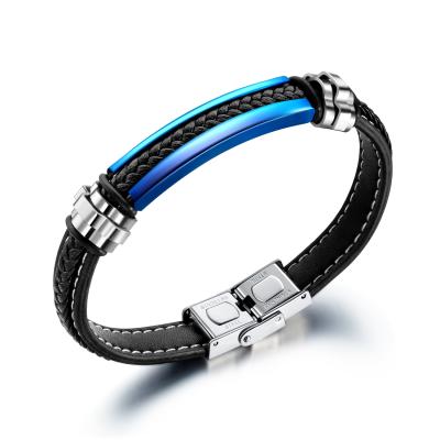 China TRENDDY fashion flat blue custom made metal and black genuine leather bracelet for men for sale