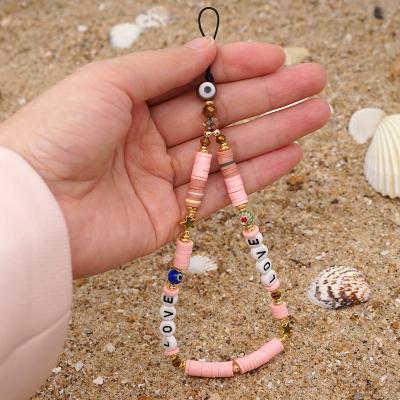 China Custom Fashion Love Letter Bead Charms Mobile Phone Chains Pink Beaded Phone Chain for sale