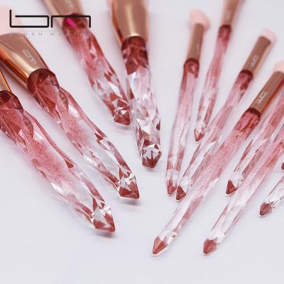 China Wholesale Small Quantity Pink Crystal Handle Synthetic Nylon Hair Makeup Brush Set Flat Brush For Ladies Make Up Tool 12 Pcs for sale