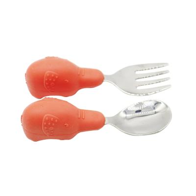 China Wholesale Custom BPA Free Stainless Steel Kids Feeding Baby Learn Dinnerware Set Spoon and Fork with Silicone Handle for Kids for sale