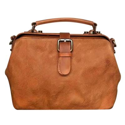 China Big Open Mouth For Quick Exam Vintage Top Handle Satchel Clip Doctor Handmade Premium Leather Opening Single Bag Retro Handbag Women Crossboy Bag for sale