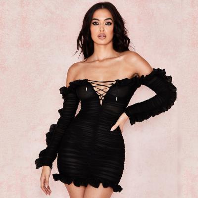 China 8400-1 Anti-wrinkle spring and summer new mesh ruffled V long sleeve deep hollow lace-up dress for sale