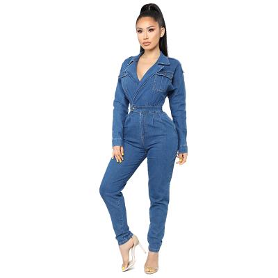 China QUICK DRY Overalls 2022 Lady denim spring and autumn high quality long sleeve deep V one-piece jumpsuit women casual denim overalls for sale