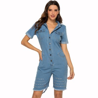 China Wholesale High Quality Women's Denim Overalls QUICK DRY Hollow Out One Piece Hole Denim Ladies Jumpsuit Light Blue Shorts Overalls for sale