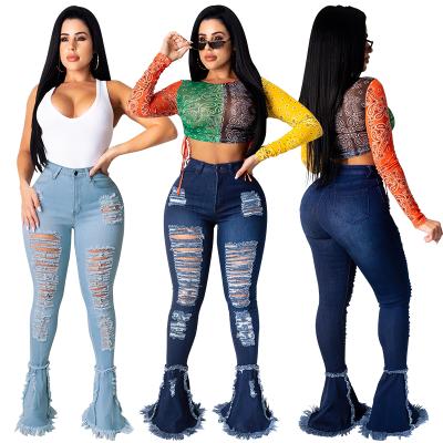 China QUICK DRY women's denim pants 2022 new Europe and America Amazon hot sales ripped hole high waist plus size women jeans and denim pants for sale