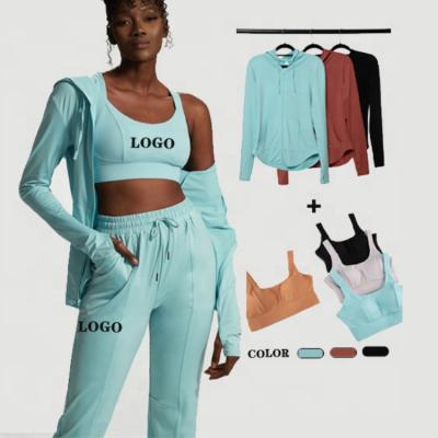 China Wholesale Breathable Gym Fitness Sets Joggers Low Moq Activewear Fashion Sportswear Women Workout Joggers With Jackets 3 Piece Yoga Set for sale