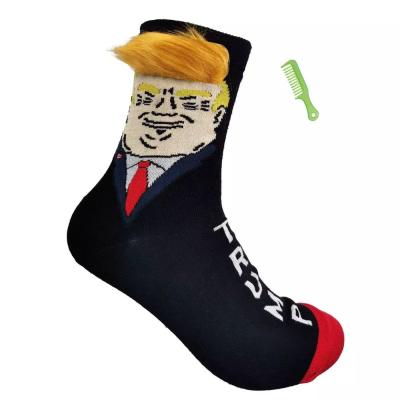 China QUICK DRY QUICK DRY Election 2024 Spoof Funny Fake President Donald Trump Socks With 3D Hair Crew Bangs Men's Compression Streetwear Hip Hop Socks for sale