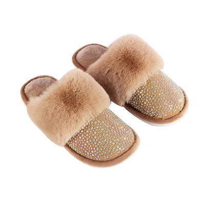 China 2021 New Fashion Trend Design Bling Rhinestone Slippers For Home High Fur Tops Ladies Flip Flop House Shoes Women Winter Plush Slippers for sale