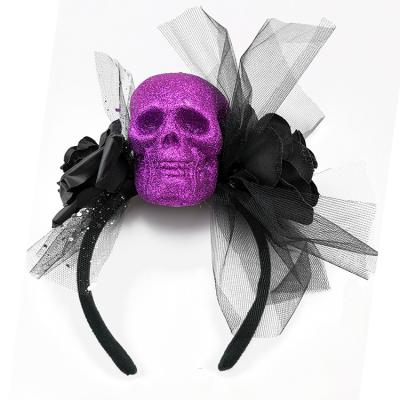 China Fashional Creepy Skull Bone Dead Halloween Headband With Big Black Rose And Lace Headband Rose Skull Halloween Headband With for sale