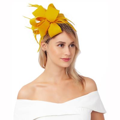 China Fashional Yellow Women's Pretty Gold Satin Feather Accent Sinamay Fascinator Headband Party Headband for sale