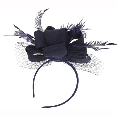 China Pretty Fashional Lady Navy Blue Satin Fascinators Wedding Church Hat With Veils And Wide Brim Floral Kentucky Derby Ladies Sweet Summer for sale