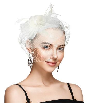 China Fashional Pretty Lady Fascinators Pretty Lady Fashion White Ladies Hair Accessories Flower Mesh Bow Flower Fascinator Headband Hair Band With Veil for sale