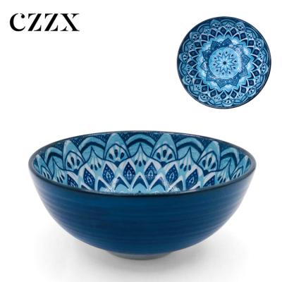 China Viable Wholesale Embossed Printed Blue Moroccan Ceramic Porcelain Food Bowls for sale