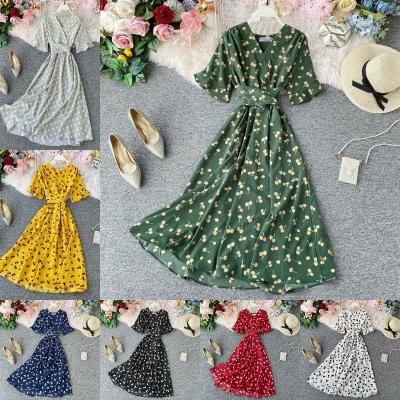 China 2023 New Summer Anti-wrinkle Swing Skirt Wholesale Vintage Big Round Neck High Waist Elegant Temperament for sale