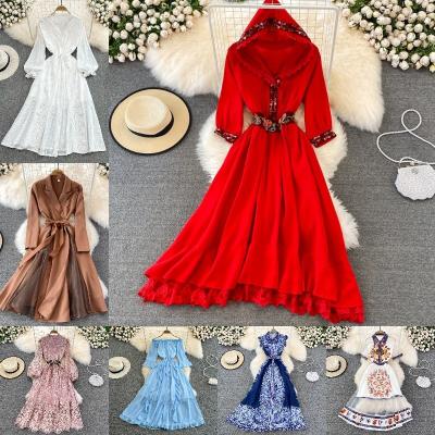 China new high quality Anti-wrinkle waist thin lapel pleated skirt temperament long sleeve dress wholesale big edge ruched women's long sleeve for sale