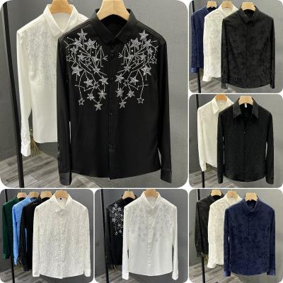 China 2023 Men's Slim Casual Dress Shirt Social Wholesale New Rhinestone Wings Party Breathable Long Sleeve Business for sale