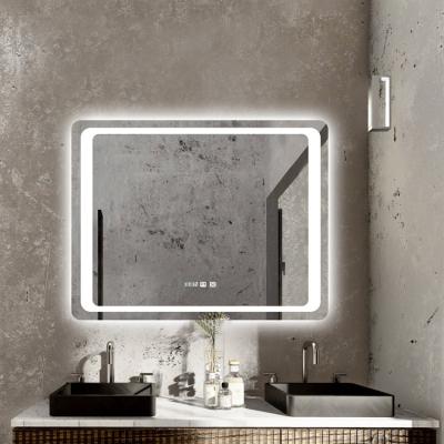 China Modern Style Time Display Lighted Rectangular Mirror Bathroom Customized Smart LED Backlit Demister Mirror For Bathroom for sale