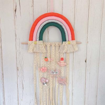 China Wooden Bar/Handmade Bowtie Rack Hanging Wall Decoration Lace Belt Storage Hair Bow Holder Organizer Rainbow Tassels Hair Bows for Hair Clips Accessories for sale