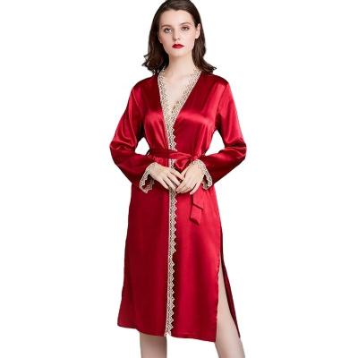 China Wholesale summer red elegant adult QUICK DRY lace up silk satin women pajamas long sleeve nightgown robes for ladies for sale