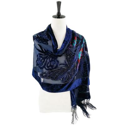 China MIO Pashmina Butterfly Velvet Silk Peacock Pattern Burnout Pattern Peacock Burnout Wrap Shawl Scarf in Yiwu for sale