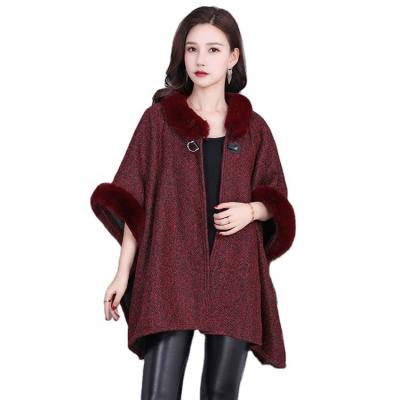 China MIO New Ladies Winter Acrylic Faux Rex Rabbit Fur Edge Wool Warm Cardigan Cape for sale