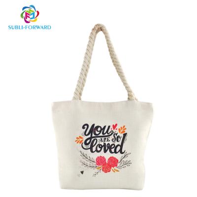 China Custom Made Tote Bag Pure Linen Print Beach Bag Eco-Friendly Rope Handle Sublimation Textile Shopping Bag With Hemp Rope for sale