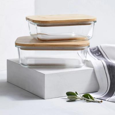 China Heatable Wooden Lid Glass Food Storage Container Glass Contain Lunch Box for sale