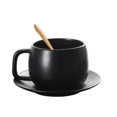 China Wholesale 250ml Black High Grade Disposable Coffee Tea Ceramic Cup With Spoon Saucer for sale