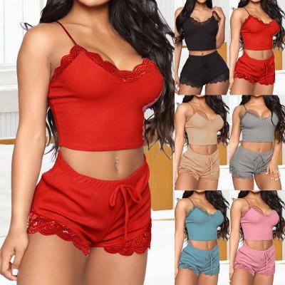 China Wholesale Hot QUICK DRY Sexy Simple Solid Color Pajamas Two Piece Set Lace Sleepwear For Women Lounge Wear Pajama Women Sleepwear for sale