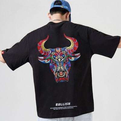 China Anti-wrinkle men drop shoulder T-shirt embroider T-shirt over sized men plus size men's t shirts for sale