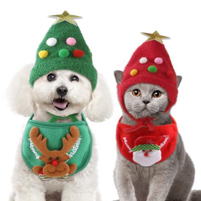 China Christmas Dog Cat Bandana Hat Bow Link Set Viable Pet Costume With Cute Santa Claus Snowman Gingerbread Man Elk Christmas Tree Pattern for sale