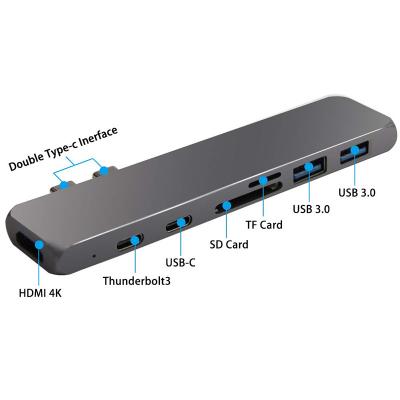 China Charging+Data Transfer+Video Output+card reader 7 in 1 Dual Type C Hub Adapter USB-C Hub with HD USB 3.0 Card Reader Hub for MacBook Pro Mac for sale