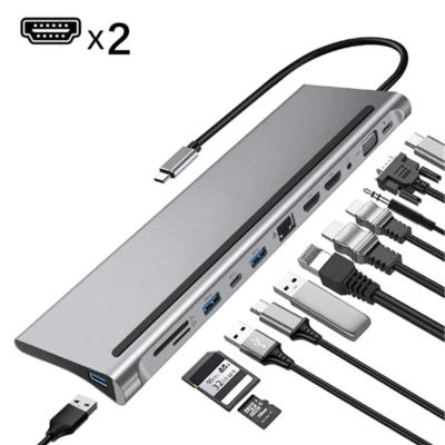 China Multimedia 12-In-1 USB Type-C Hub To Dual HD Rj45 USB 3.0 Power Adapter Multi Docking Station For Laptop Support PD Transmission for sale