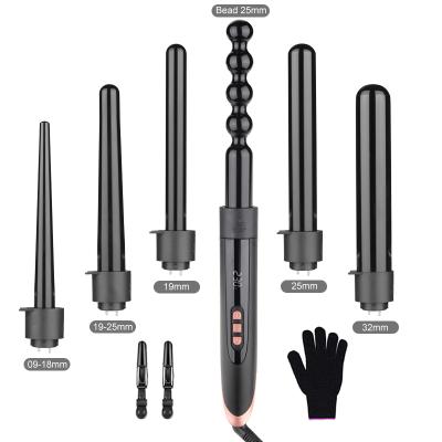 China Professional Ceramic Interchangeable Hair Curling Iron LCD Display Heat Adjustable Electric Comb Settings Hair Curler 6 in 1 Curling Wand Set Wave Curling Iron for sale