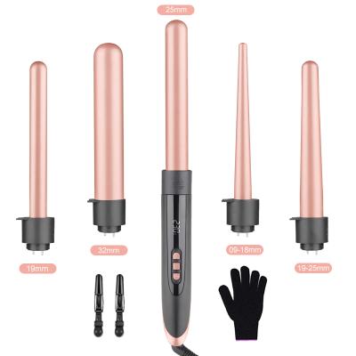 China Adjustable Heat Settings Comb LCD Electric Professional Ceramic Hair Curling Iron Interchangeable Hair Curler 5 In 1 Curling Wand Set Wave Curling Iron for sale