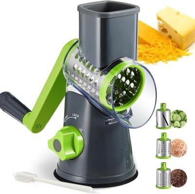 China Sustainable Cheese Grater Shredder, Round Mandolin Slicer with Handle and 3 Drum Blades, Kitchen Manual Vegetable Slicer Nuts Grinder for sale