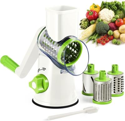 China Sustainable Cheese Grater Shredder, Round Mandolin Slicer with Handle and 3 Drum Blades, Kitchen Manual Vegetable Slicer Nuts Grinder for sale