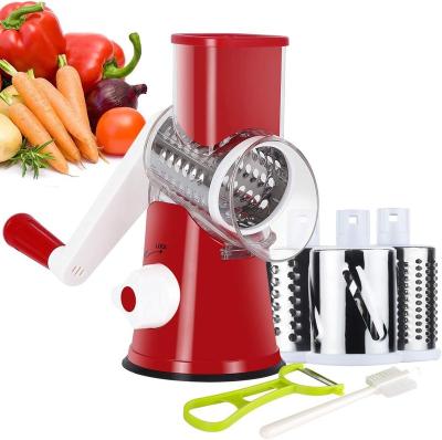 China Sustainable Cheese Grater Shredder, Round Mandolin Slicer with Handle and 3 Drum Blades, Kitchen Manual Vegetable Slicer Nuts Grinder for sale