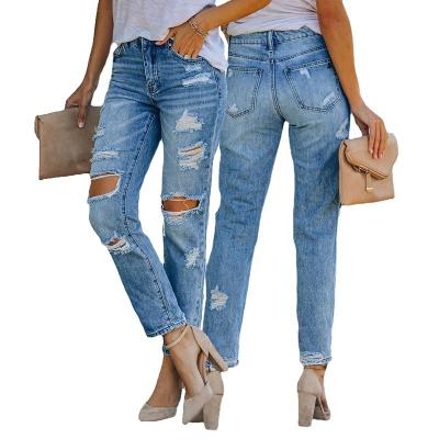 China MOTE-ZC607 2022 Summer Cotton Casual Women's Breathable Ripped Denim Pants Personality Hole Waisted Blue Washed Mid Waisted Women for sale