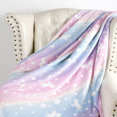 China Anti-Static Glow In The Dark Soft Flannel Blanket Unicorns Gifts For Kids Throw Pink Purple Luminous Blanket for sale